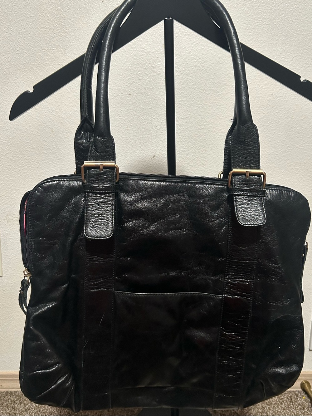 latico Black Leather Laptop Tote with Brass Accents